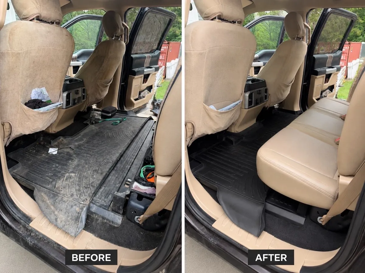 Ford F-250 work truck rear cab before and after an interior detail by DG Detailing