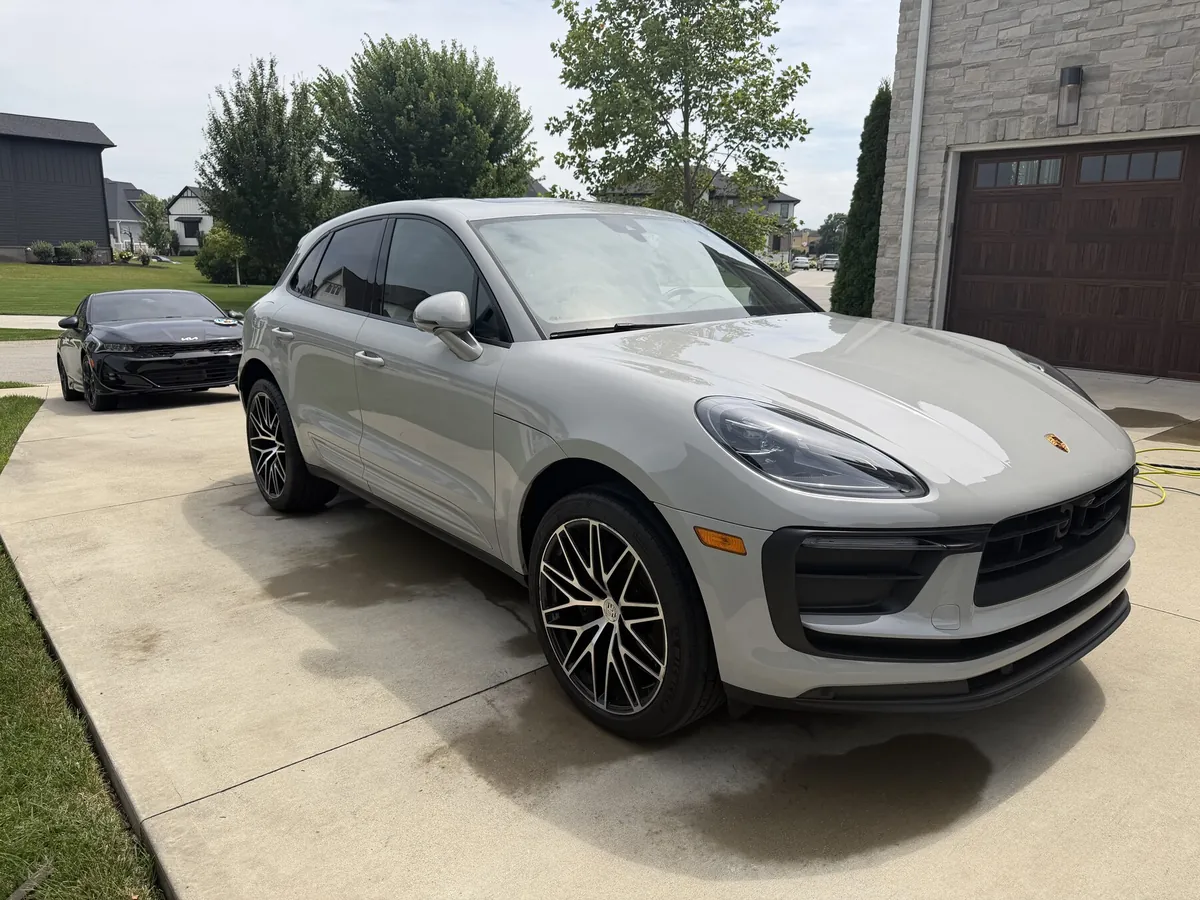Porsche Macan in chalk grey after a full mobile detail in Fishers Indiana